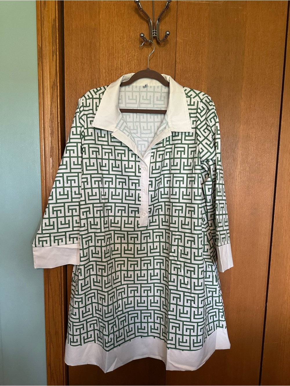 Green and White Geometric Collared Dress